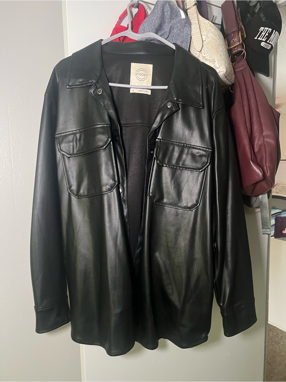 Stoosh Black Faux Leather Shacket with Chest Flap Pockets